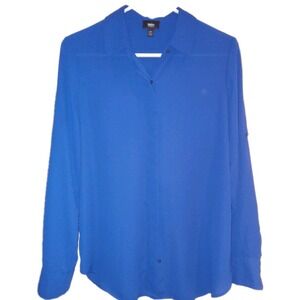 Mossimo Women's Sz M Blue Roll Tab Sleeve Minimalist Blouse Office‎ Career